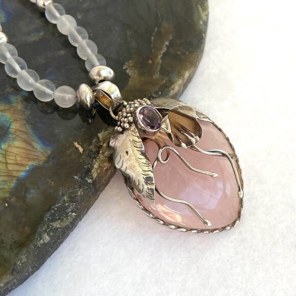 Sterling Silver 925 Modernist Rose Quartz & Amethyst Beaded Pendant Necklace - Picture 4 of 16